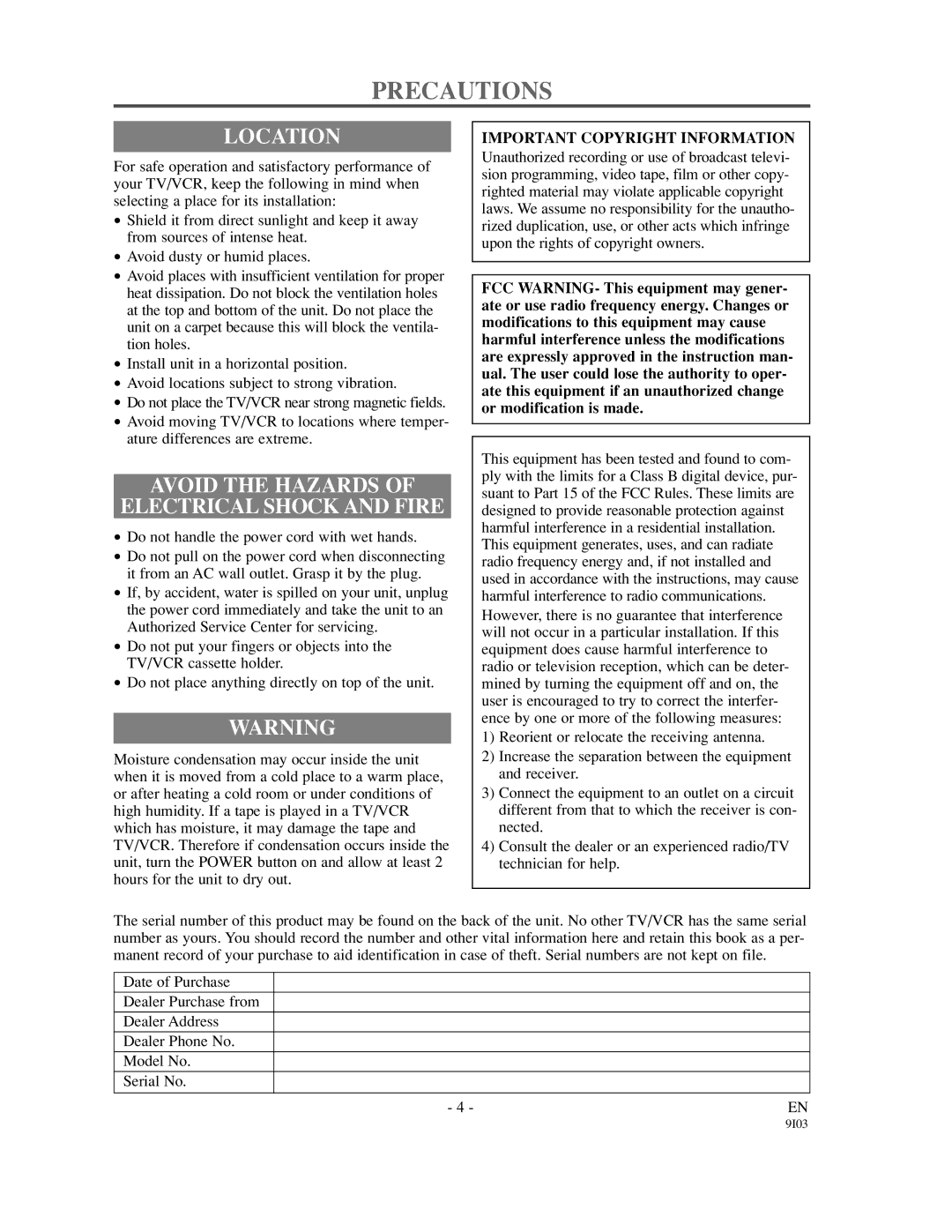 Sylvania WSSC132 Precautions, Location, Avoid the Hazards Electrical Shock and Fire, Important Copyright Information 