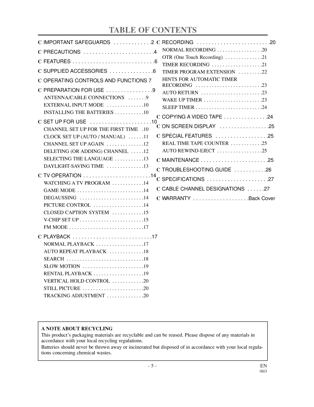 Sylvania WSSC132 owner manual Table of Contents 