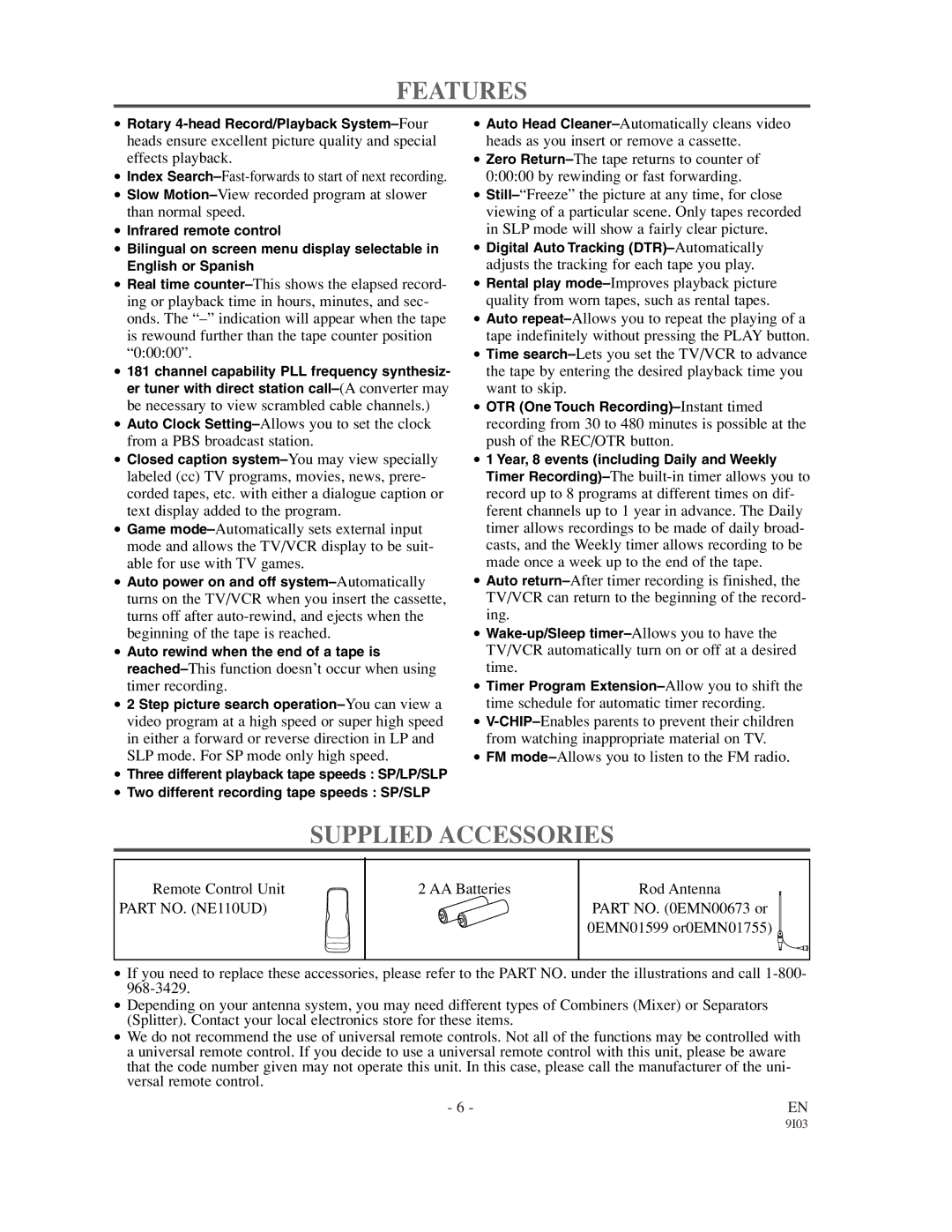 Sylvania WSSC132 owner manual Features, Supplied Accessories 