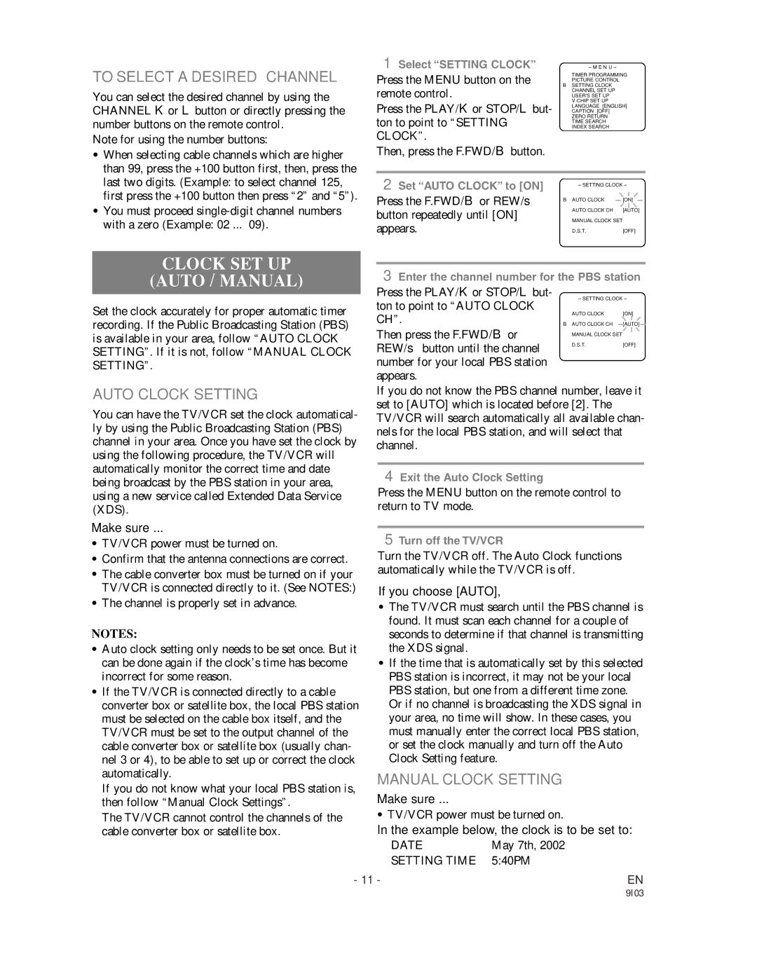 Sylvania WSSC192 Clock SET UP Auto / Manual, To Select a Desired Channel, Auto Clock Setting, Manual Clock Setting 