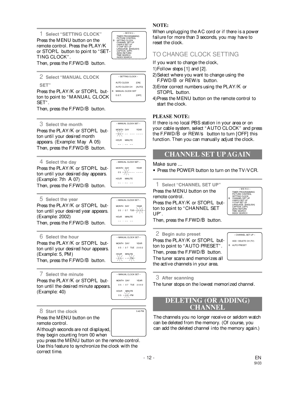 Sylvania WSSC192 Channel SET UP Again, Deleting or Adding Channel, To Change Clock Setting, Ting Clock, Please Note 