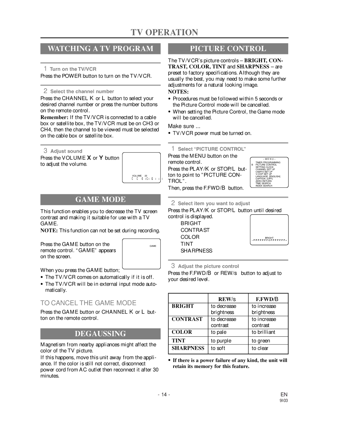 Sylvania WSSC192 owner manual TV Operation, Watching a TV Program, Picture Control, Game Mode, Degaussing 