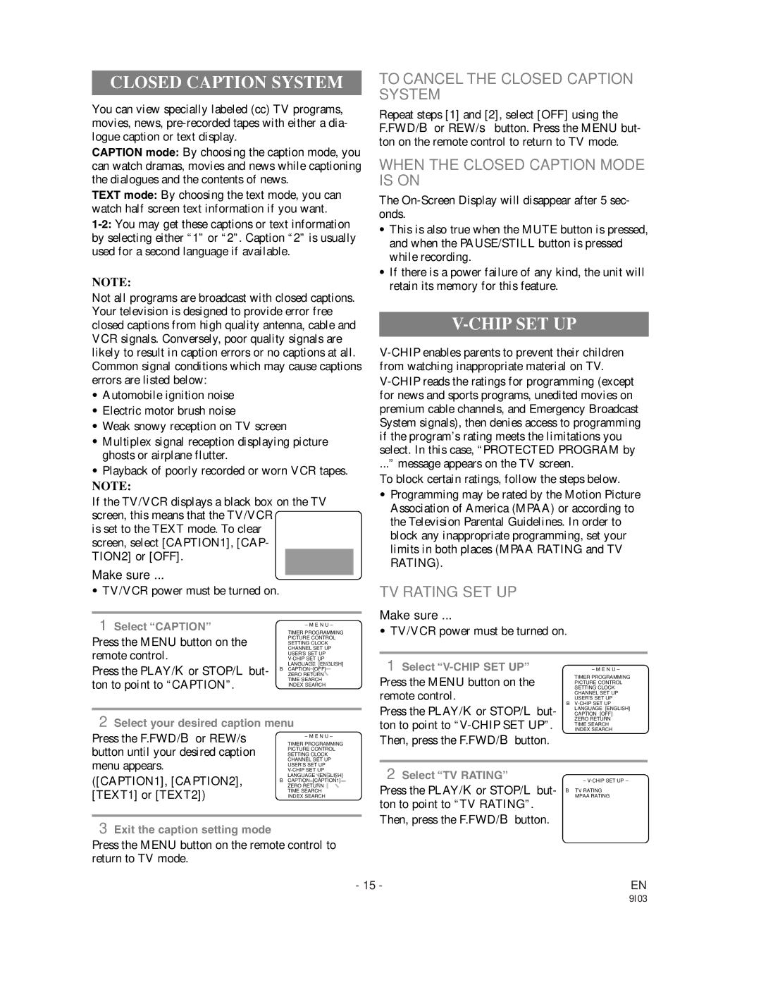 Sylvania WSSC192 owner manual Chip SET UP, To Cancel the Closed Caption System, When the Closed Caption Mode is on 