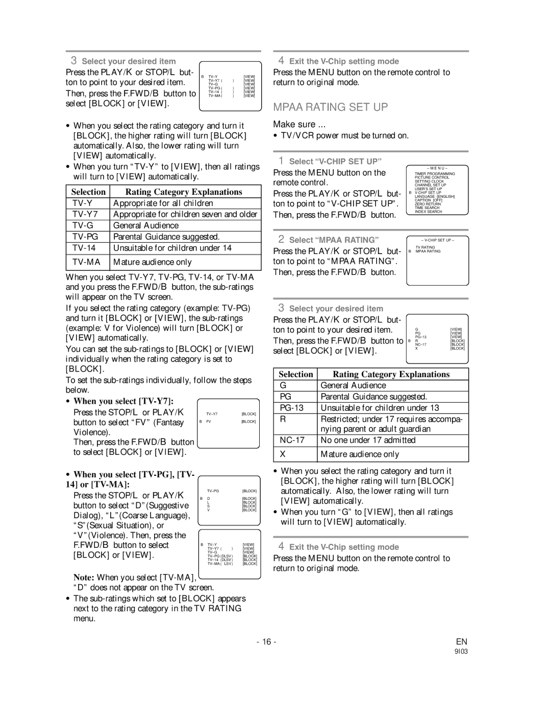 Sylvania WSSC192 owner manual Mpaa Rating SET UP 