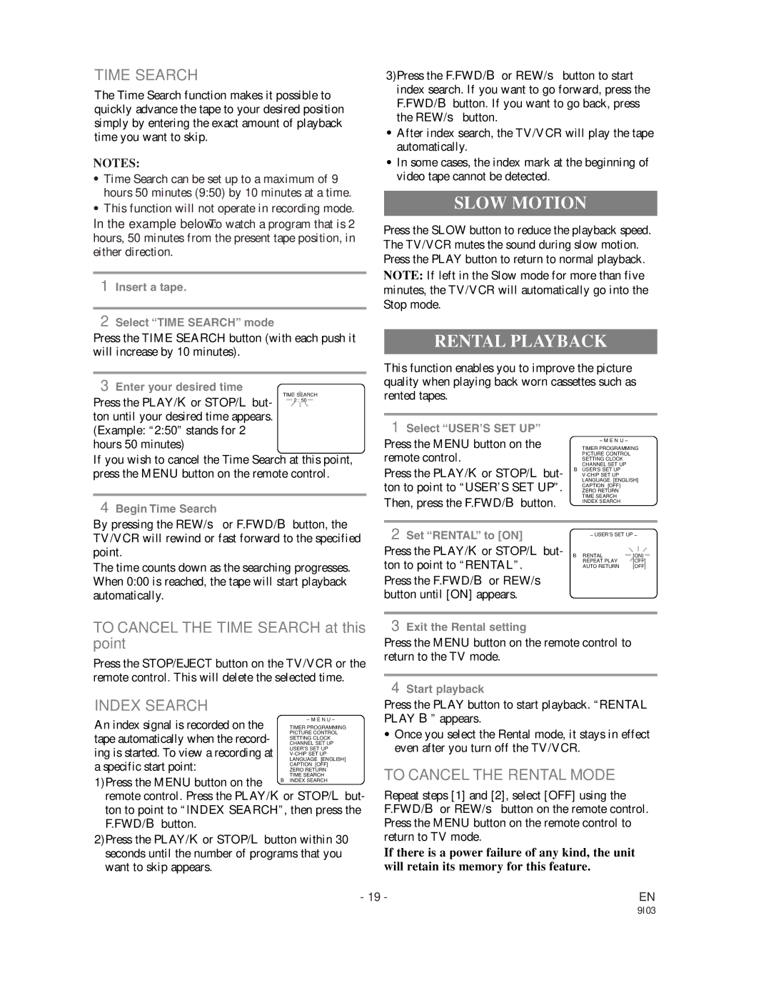 Sylvania WSSC192 owner manual Slow Motion, Rental Playback, Time Search, Index Search, To Cancel the Rental Mode 