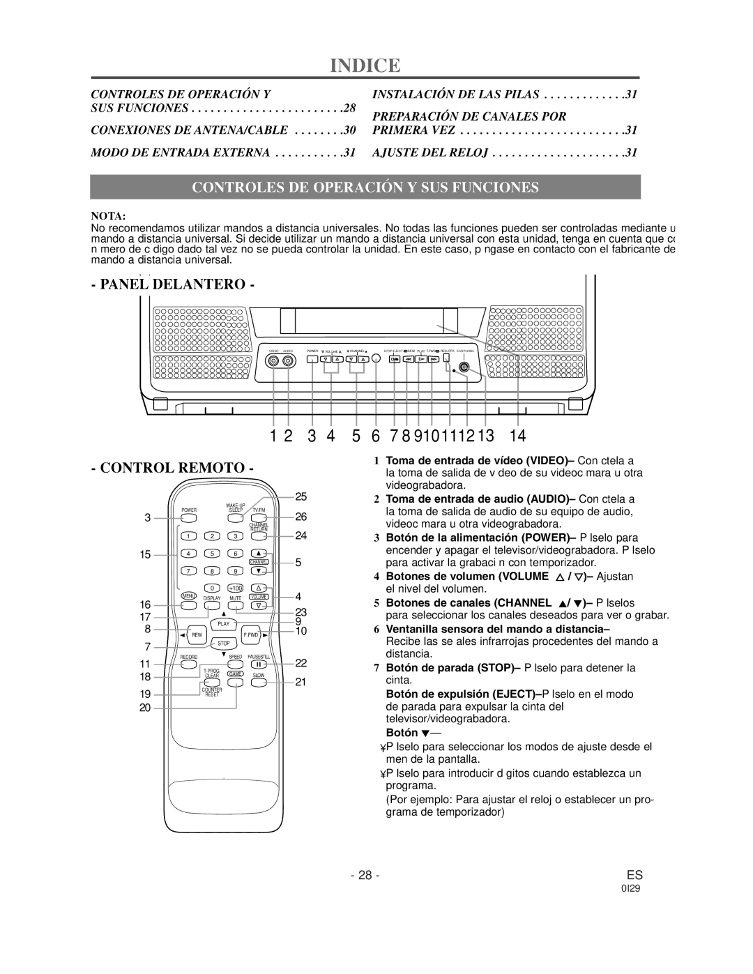 Sylvania WSSC192 owner manual Indice, Controles DE Operación Y SUS Funciones 