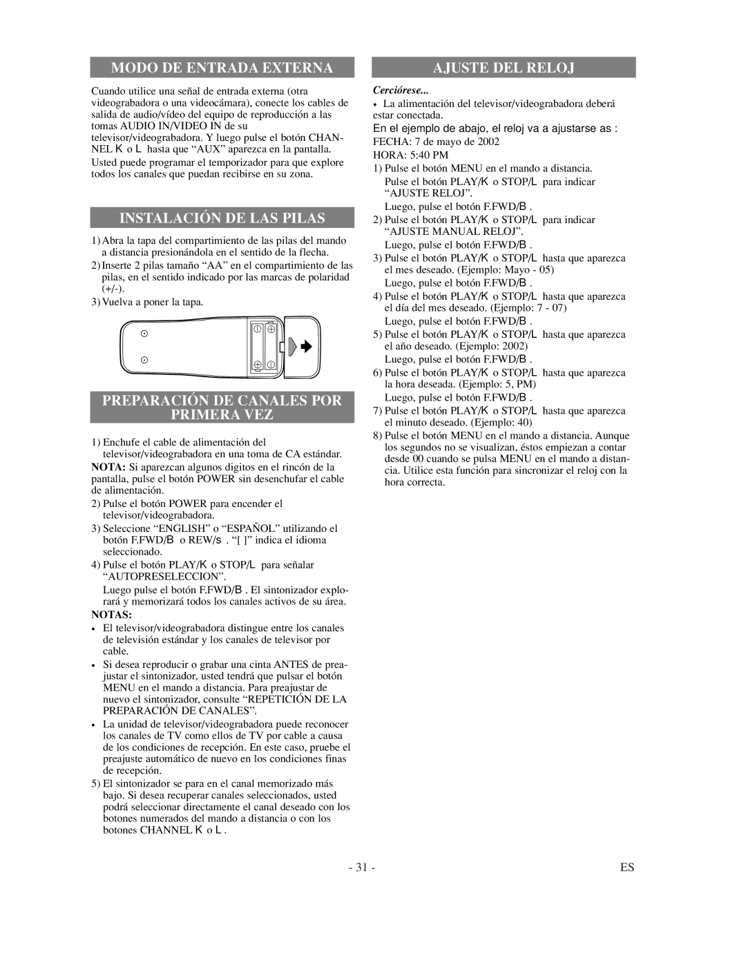 Sylvania WSSC192 owner manual Modo DE Entrada Externa 