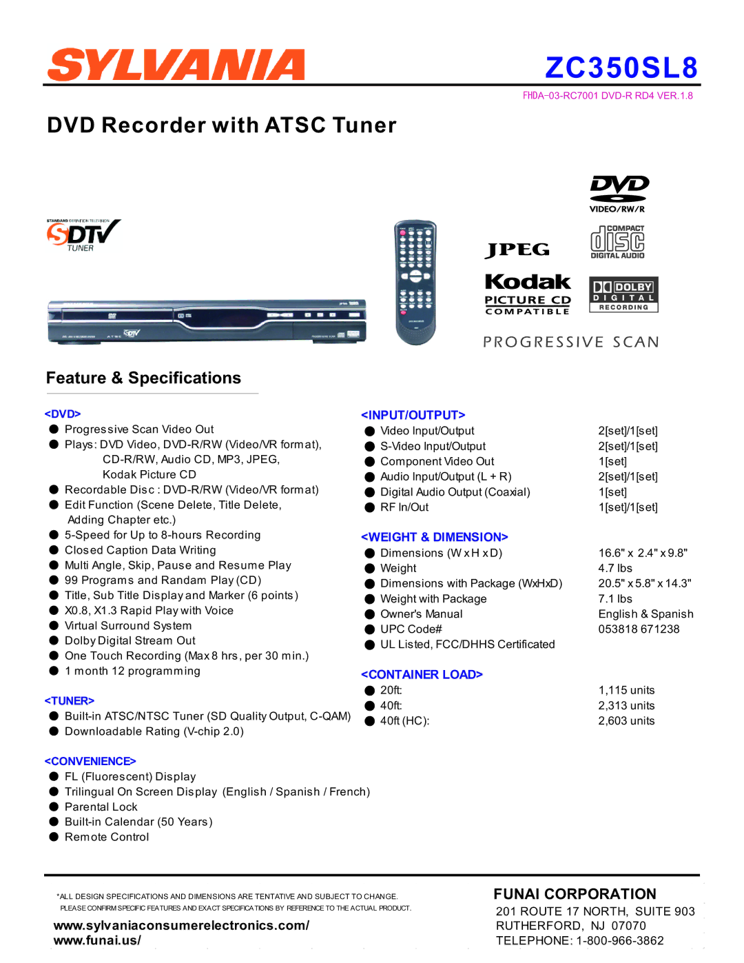 Sylvania ZC350SL8 specifications DVD Recorder with Atsc Tuner, Feature & Specifications, Funai Corporation 