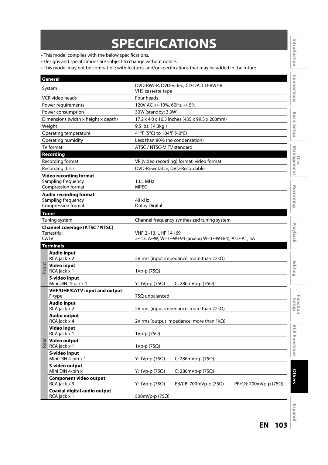 Sylvania ZV450SL8 owner manual Specifications, General, Recording, Tuner, Terminals 