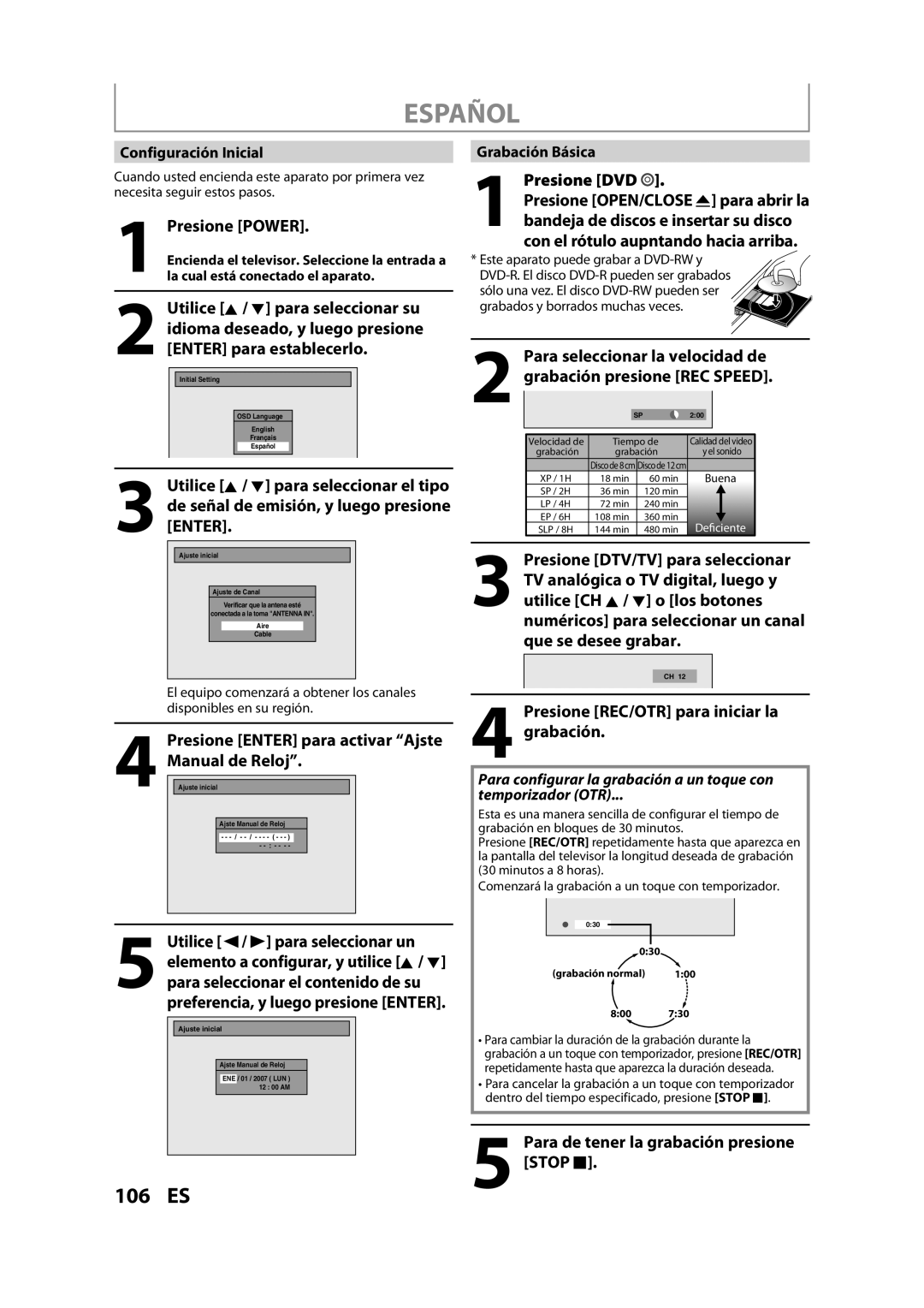 Sylvania ZV450SL8 owner manual Presione Power, Presione Enter para activar Ajste Manual de Reloj, Presione DVD 