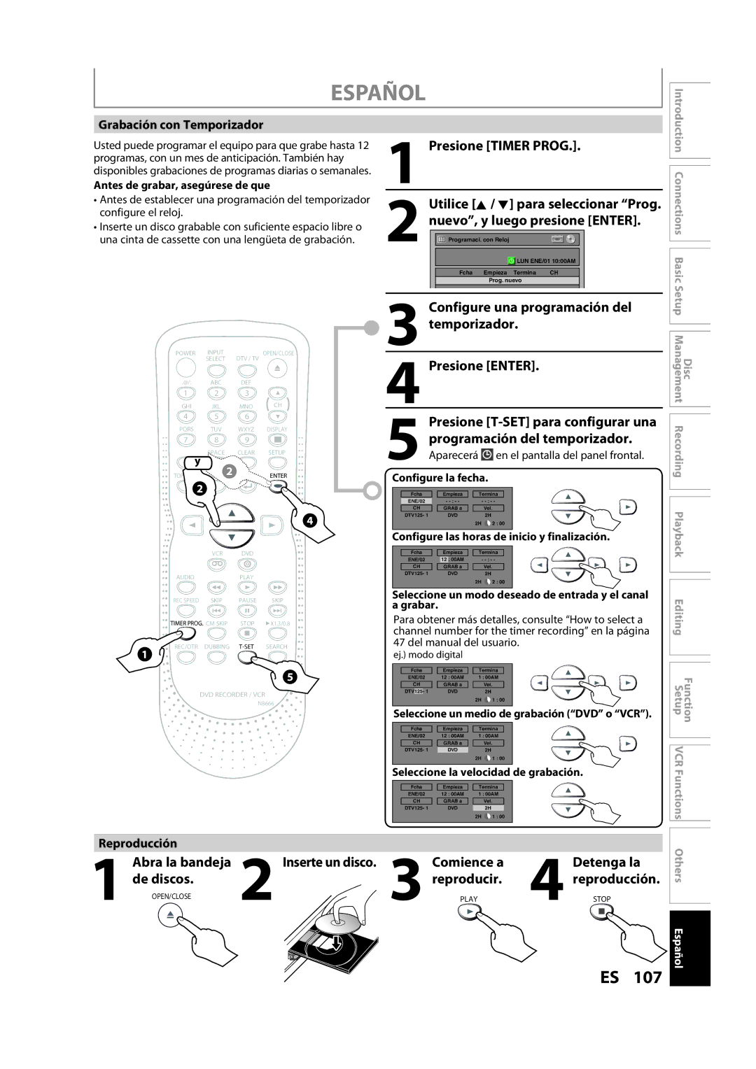 Sylvania ZV450SL8 Presione Timer Prog, Configure una programación del, Temporizador, Presione Enter, Abra la bandeja 