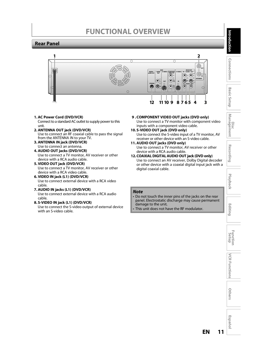 Sylvania ZV450SL8 owner manual Functional Overview, Rear Panel, 11 10 