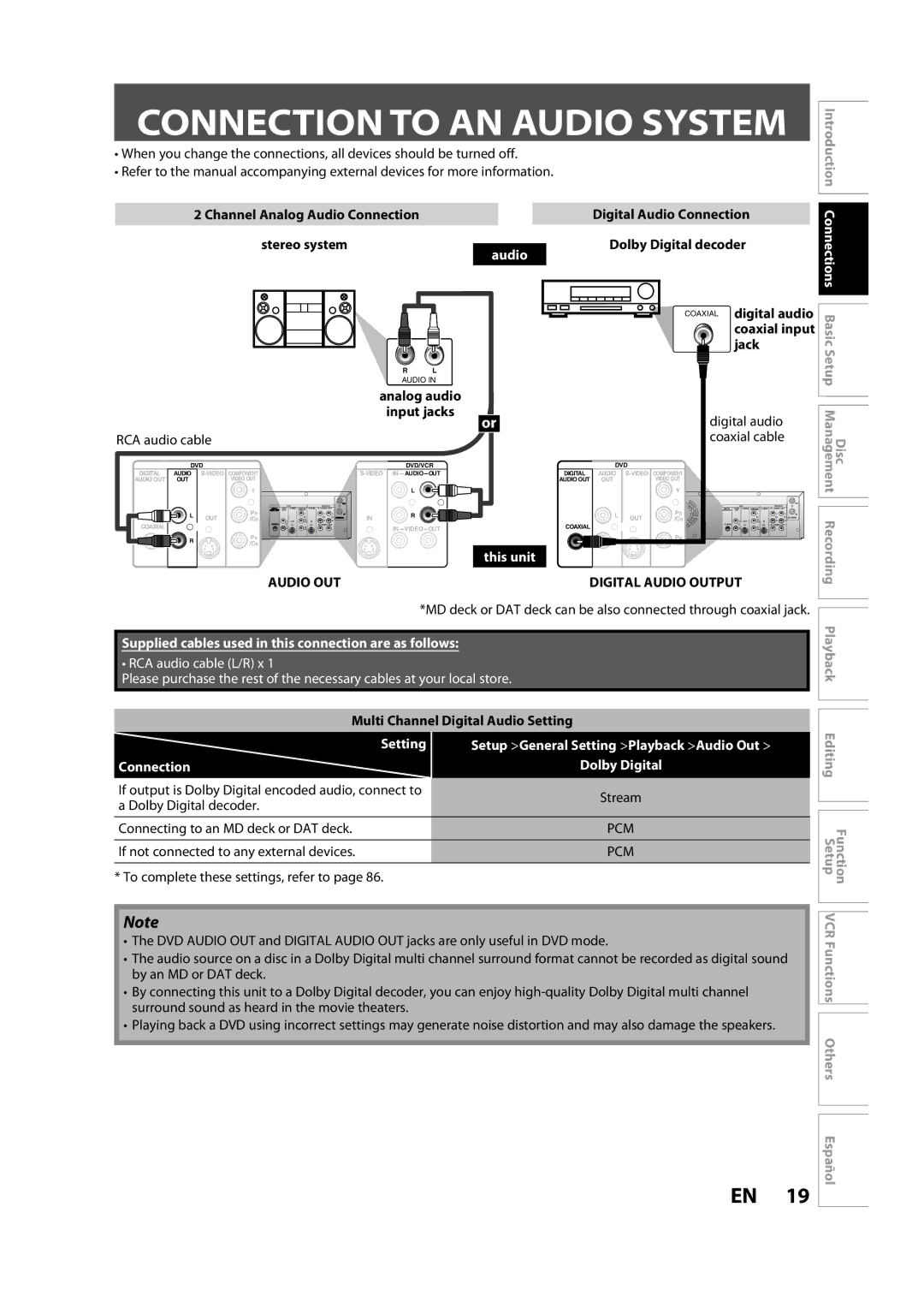 Sylvania ZV450SL8 owner manual Connection to AN Audio System, Audio OUT, Setting, Connection Dolby Digital 