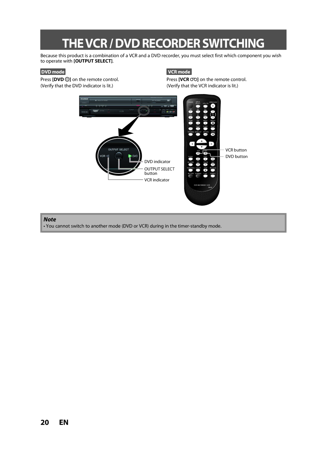 Sylvania ZV450SL8 owner manual Thevcr / DVD Recorder Switching, VCR mode 