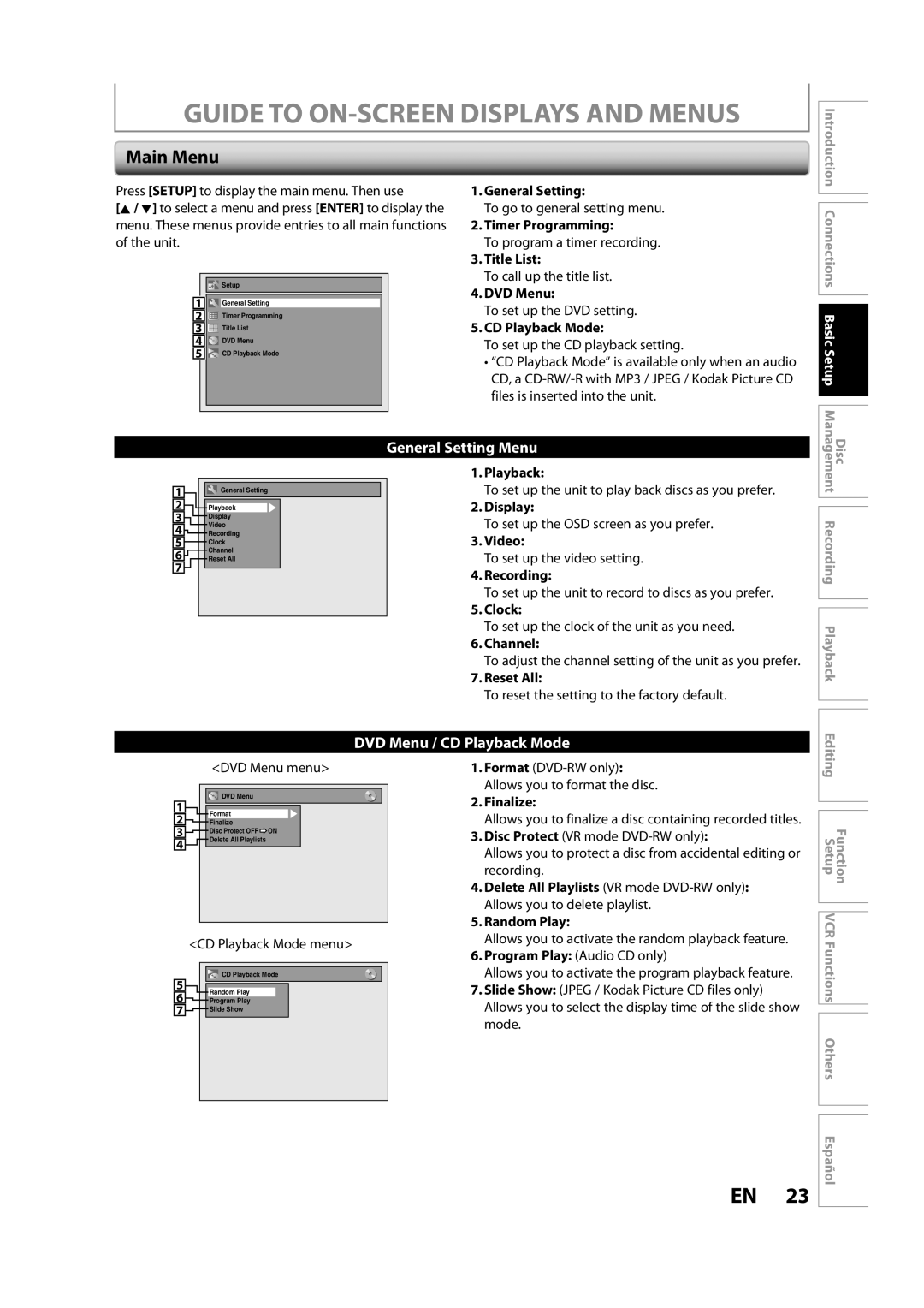 Sylvania ZV450SL8 owner manual Main Menu, Connections Basic Setup, Disc Management Recording Playback 