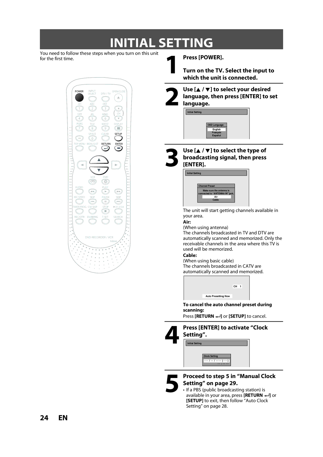 Sylvania ZV450SL8 owner manual Initial Setting, Press Power, Press Enter to activate Clock, Air, Cable 