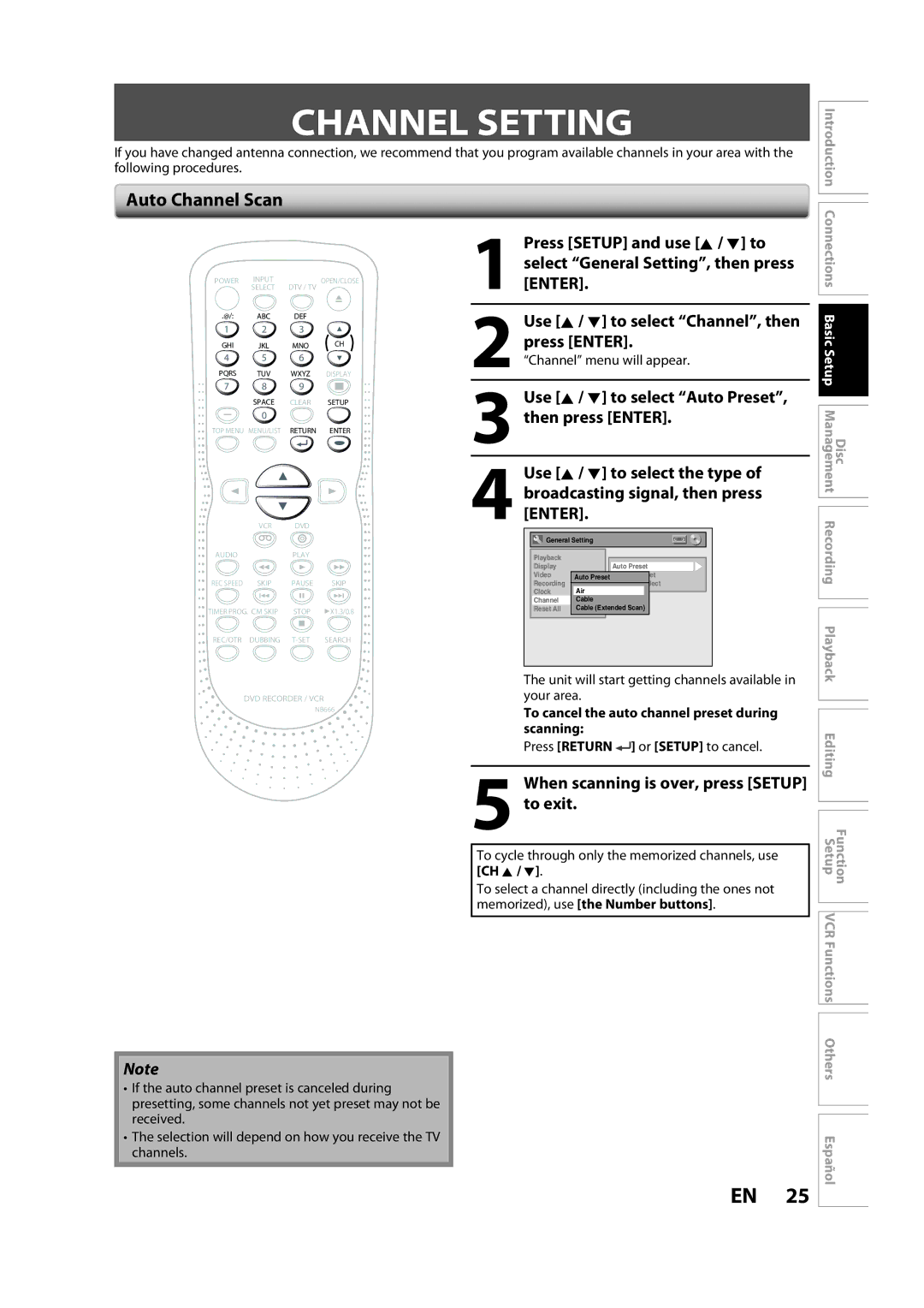 Sylvania ZV450SL8 owner manual Channel Setting, Auto Channel Scan, Use K / L to select Auto Preset, then press Enter 