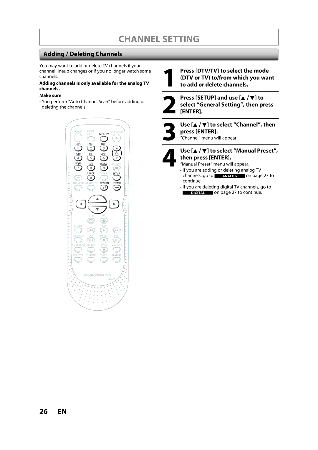 Sylvania ZV450SL8 Channel Setting, Adding / Deleting Channels, Use K / L to select Manual Preset, then press Enter 