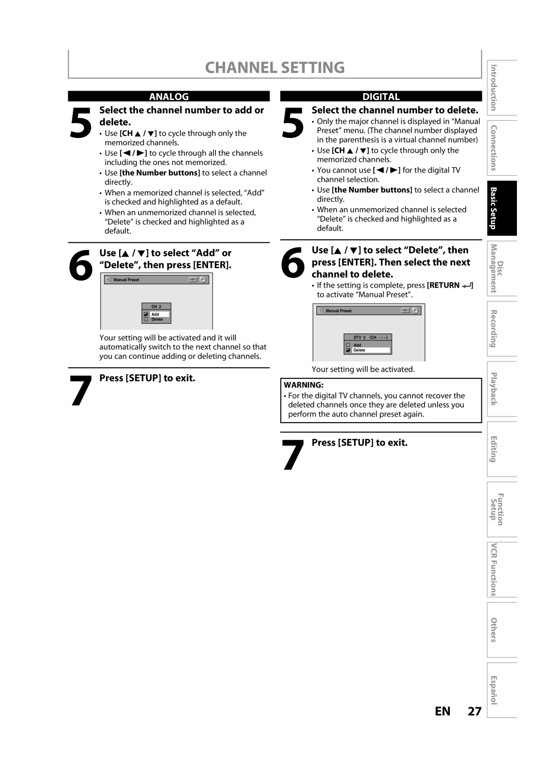 Sylvania ZV450SL8 owner manual Delete, Press Setup to exit 