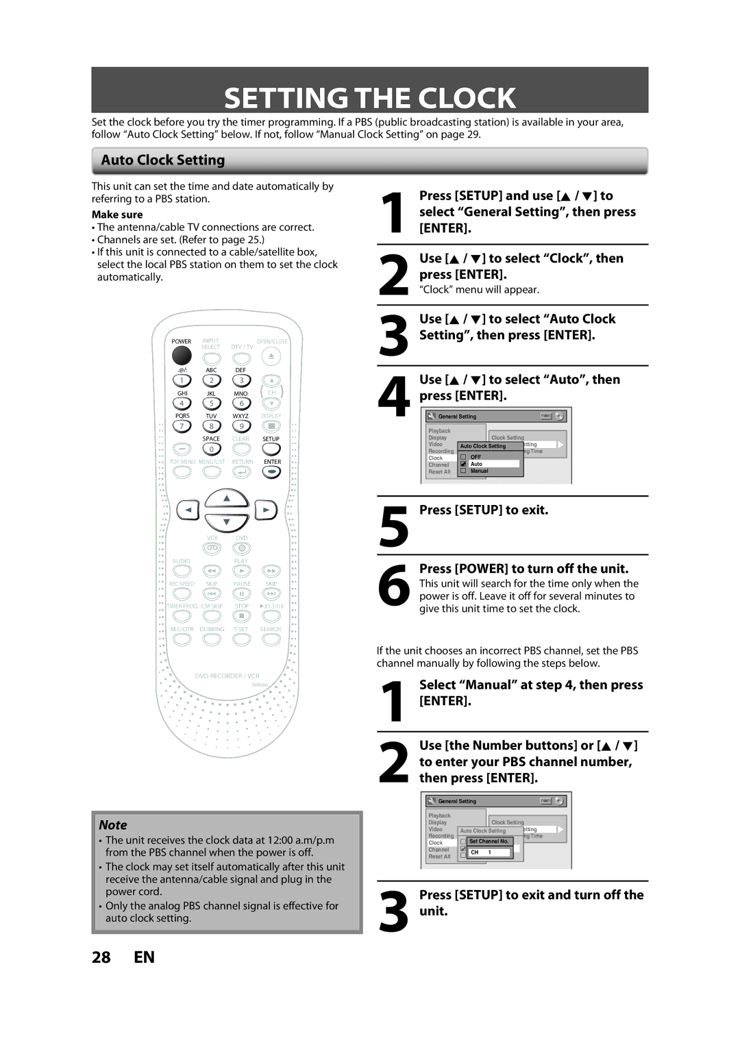 Sylvania ZV450SL8 owner manual Setting the Clock, Use K / L to select Auto Clock Setting, then press Enter, Press Enter 