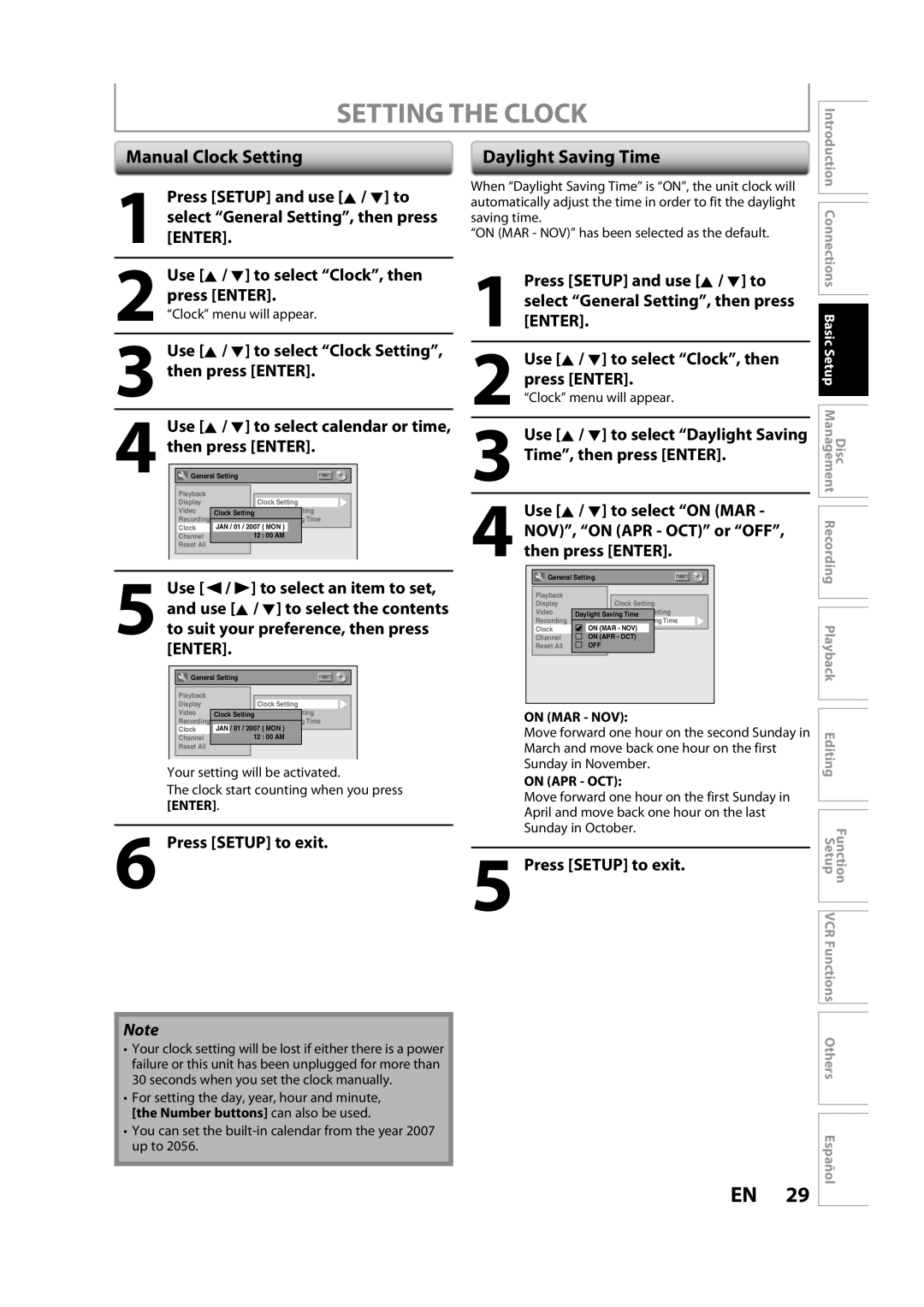 Sylvania ZV450SL8 owner manual Setting the Clock, Manual Clock Setting, Daylight Saving Time 