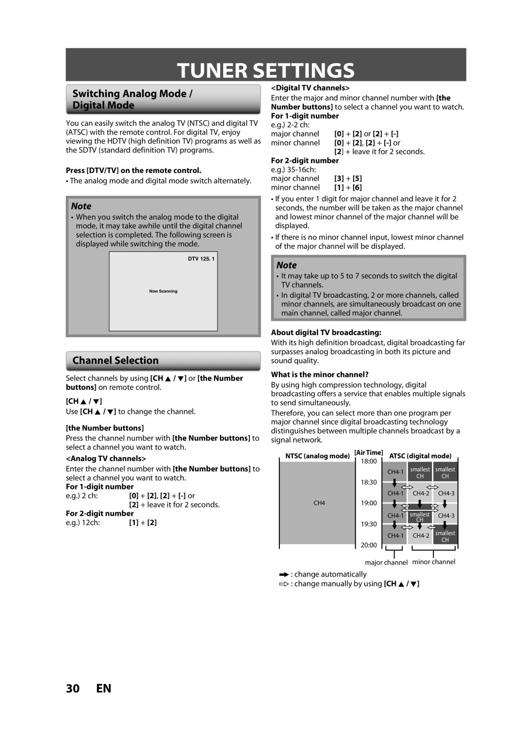 Sylvania ZV450SL8 owner manual Tuner Settings, Switching Analog Mode Digital Mode, Channel Selection 