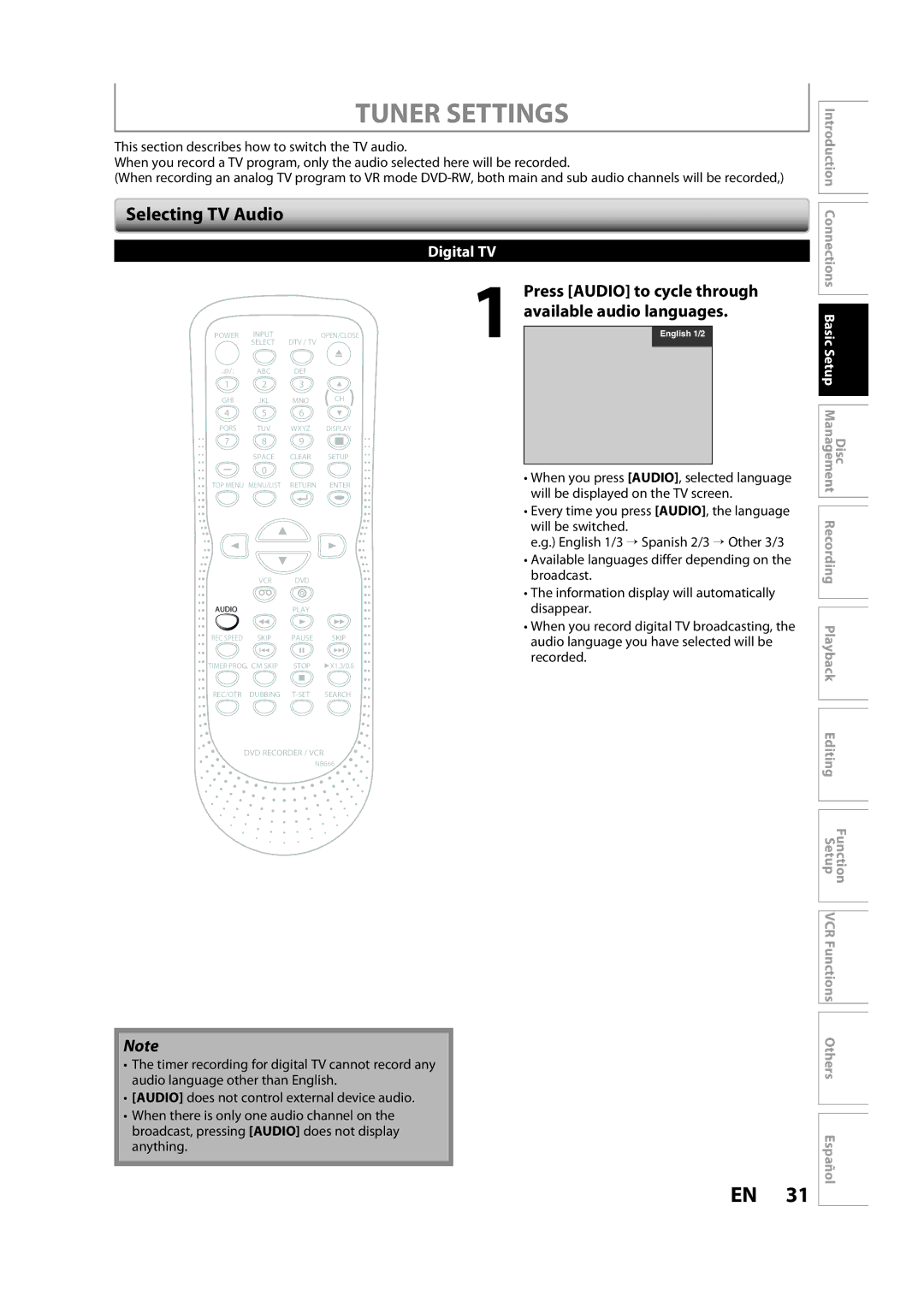 Sylvania ZV450SL8 owner manual Tuner Settings, Selecting TV Audio, Press Audio to cycle through available audio languages 