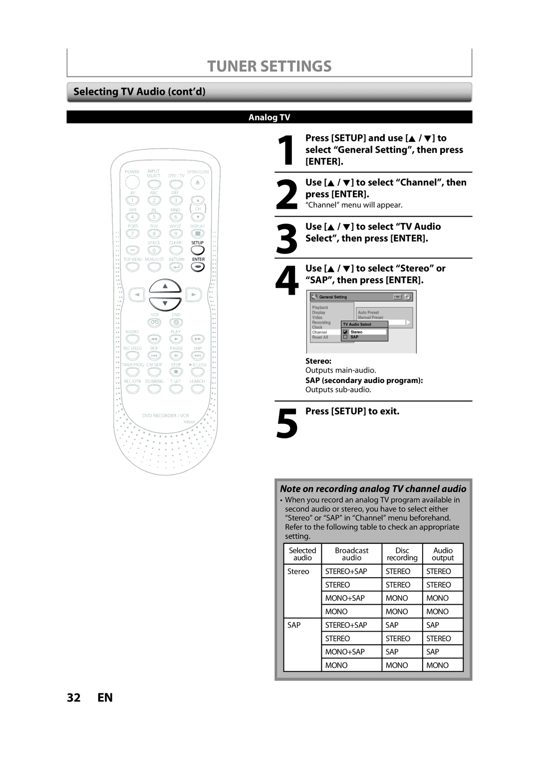 Sylvania ZV450SL8 Selecting TV Audio cont’d, Use K / L to select TV Audio Select, then press Enter, SAP, then press Enter 