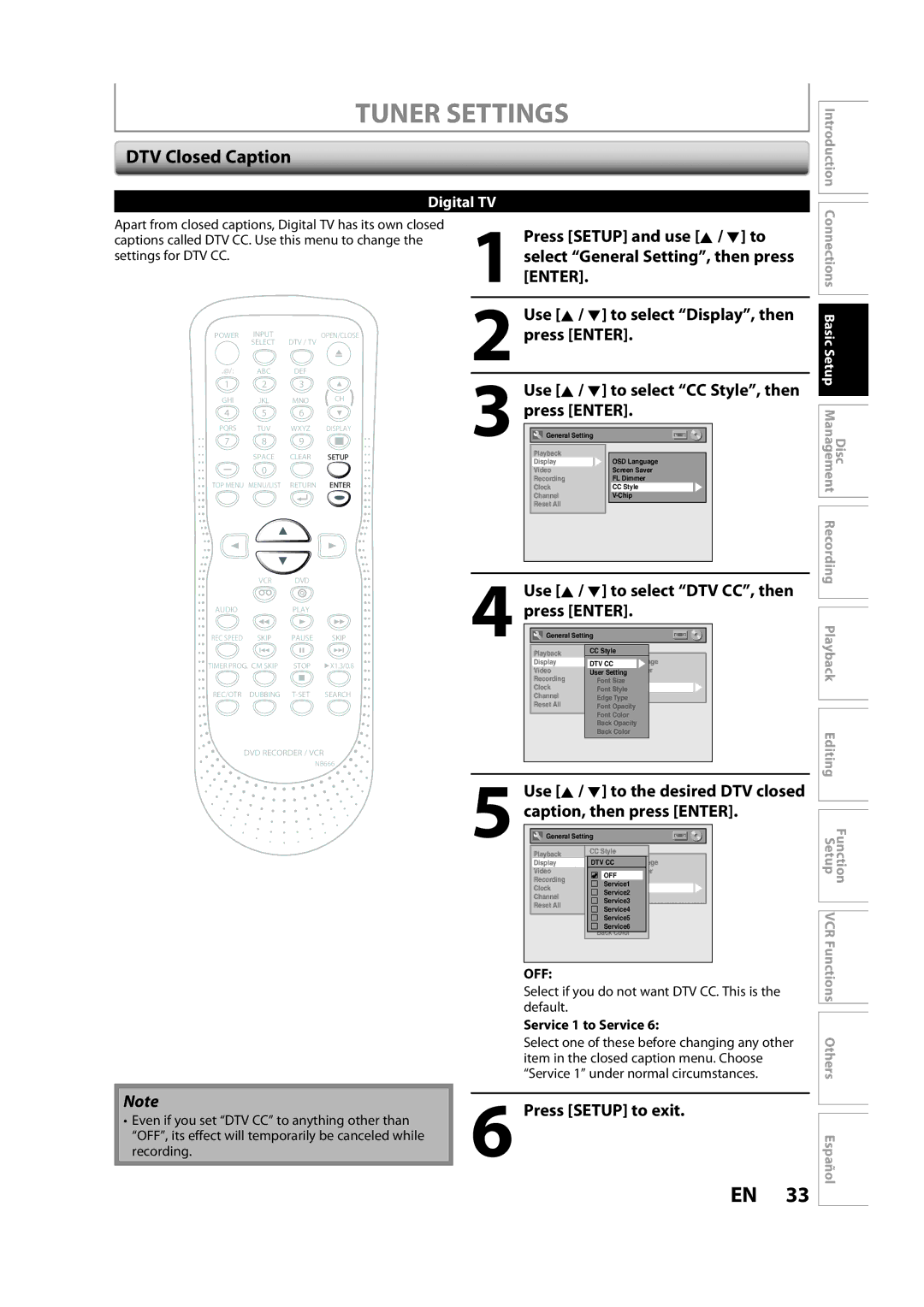 Sylvania ZV450SL8 DTV Closed Caption, Use K / L to select Display, then press Enter, Use K / L to select CC Style, then 