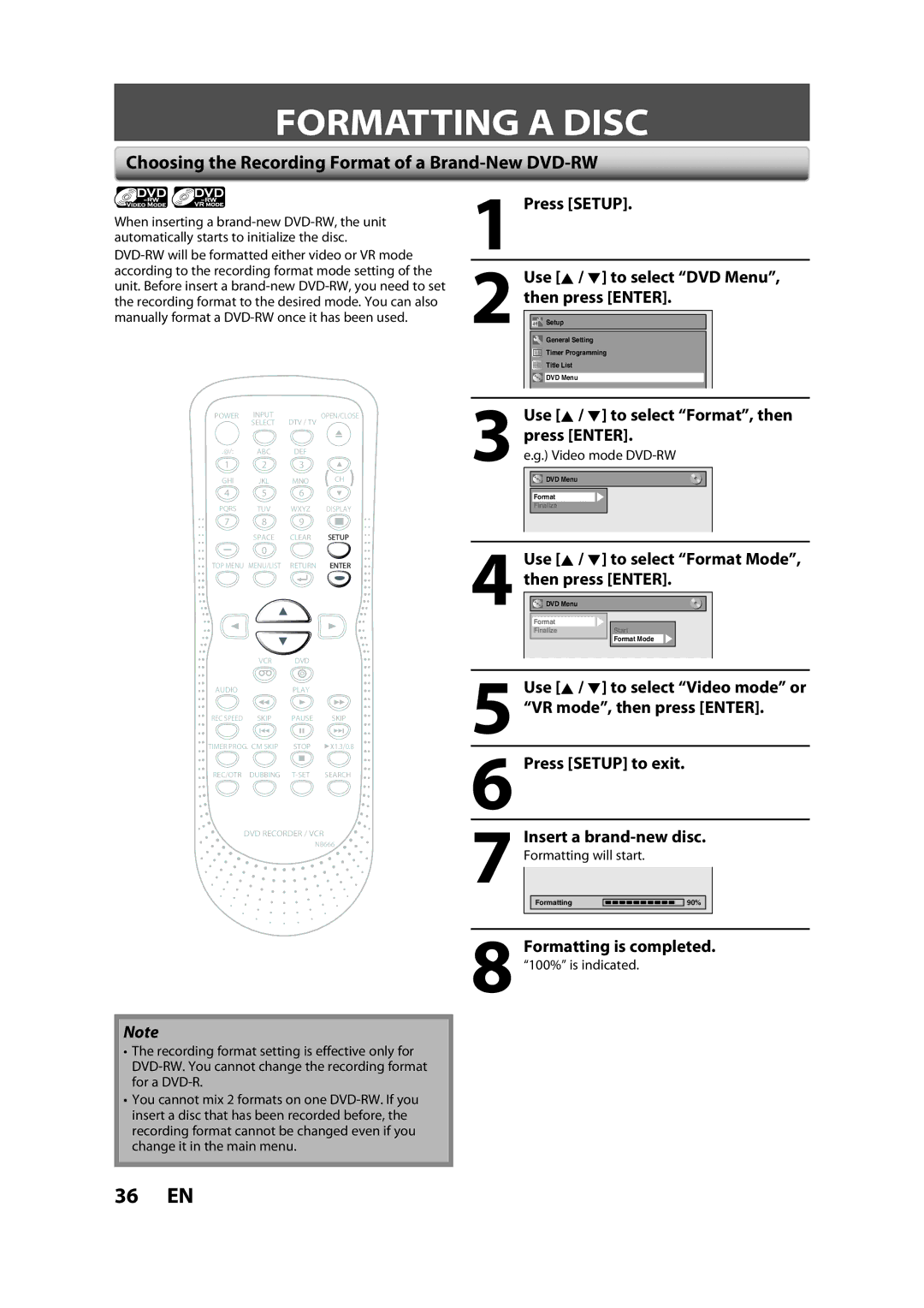 Sylvania ZV450SL8 owner manual Formatting a Disc, Choosing the Recording Format of a Brand-New DVD-RW 