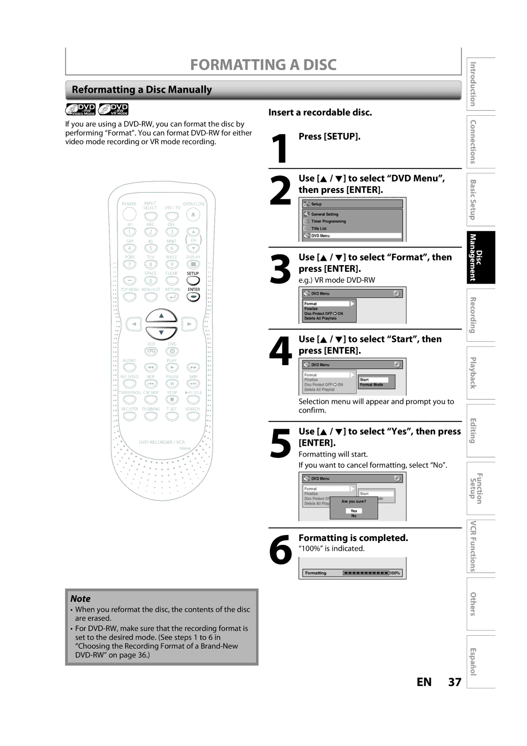 Sylvania ZV450SL8 Formatting a Disc, Reformatting a Disc Manually, Use K / L to select Format, then press Enter 