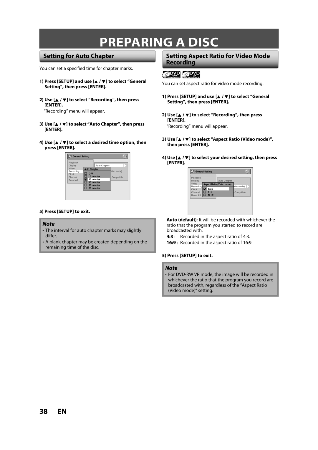 Sylvania ZV450SL8 owner manual Preparing a Disc, Setting for Auto Chapter, Setting Aspect Ratio for Video Mode Recording 