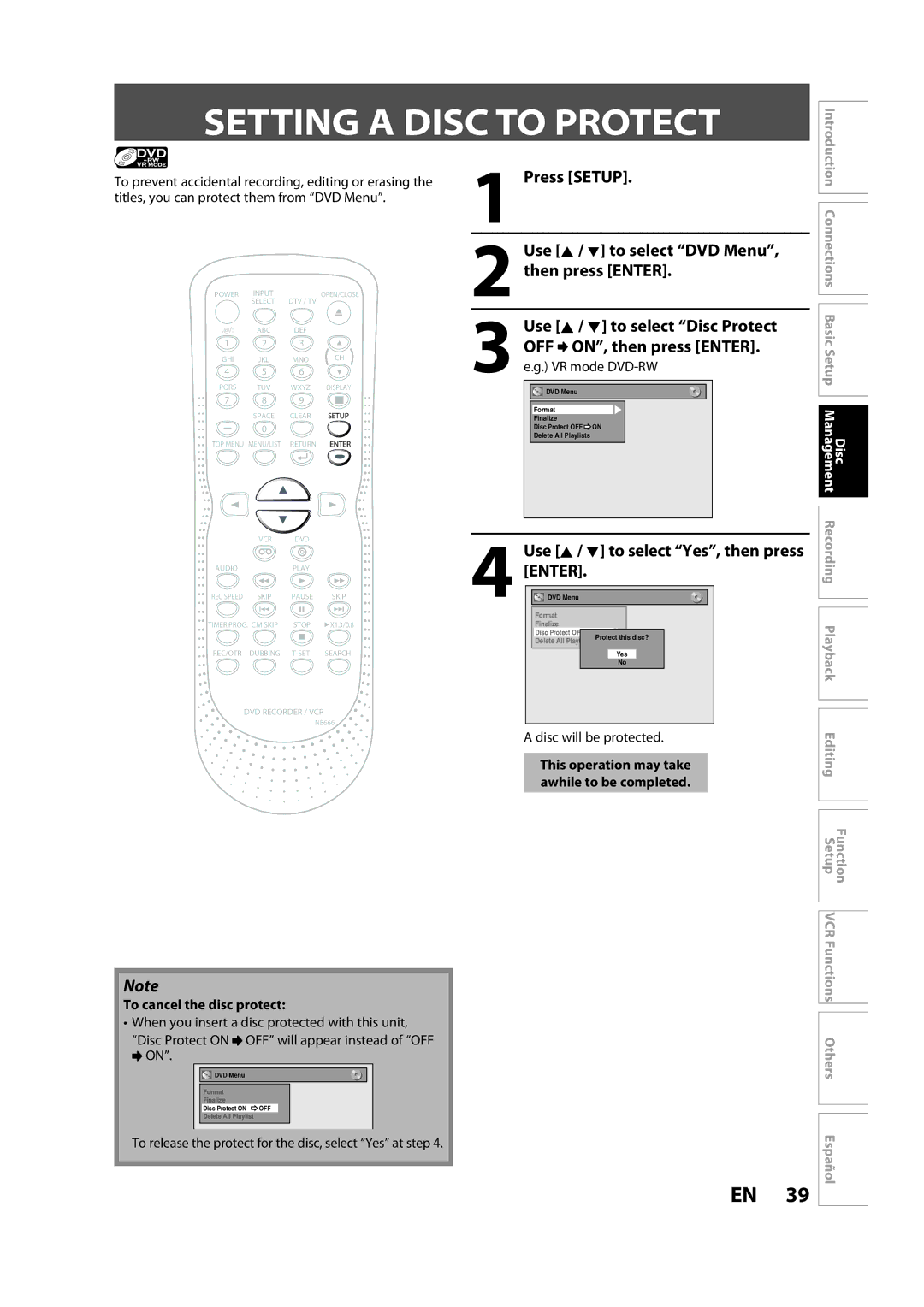 Sylvania ZV450SL8 Setting a Disc to Protect, OFF ON, then press ENTER. e.g. VR mode DVD-RW, To cancel the disc protect 