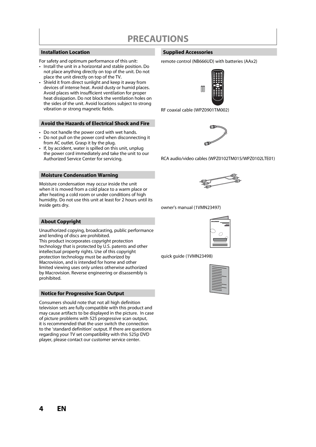 Sylvania ZV450SL8 owner manual Installation Location, Supplied Accessories, Avoid the Hazards of Electrical Shock and Fire 