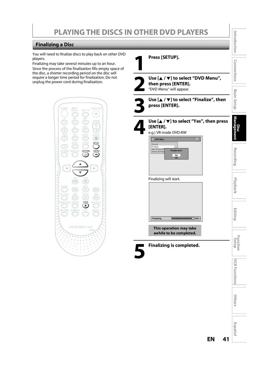 Sylvania ZV450SL8 owner manual Playing the Discs in Other DVD Players, Finalizing a Disc, Finalizing is completed 