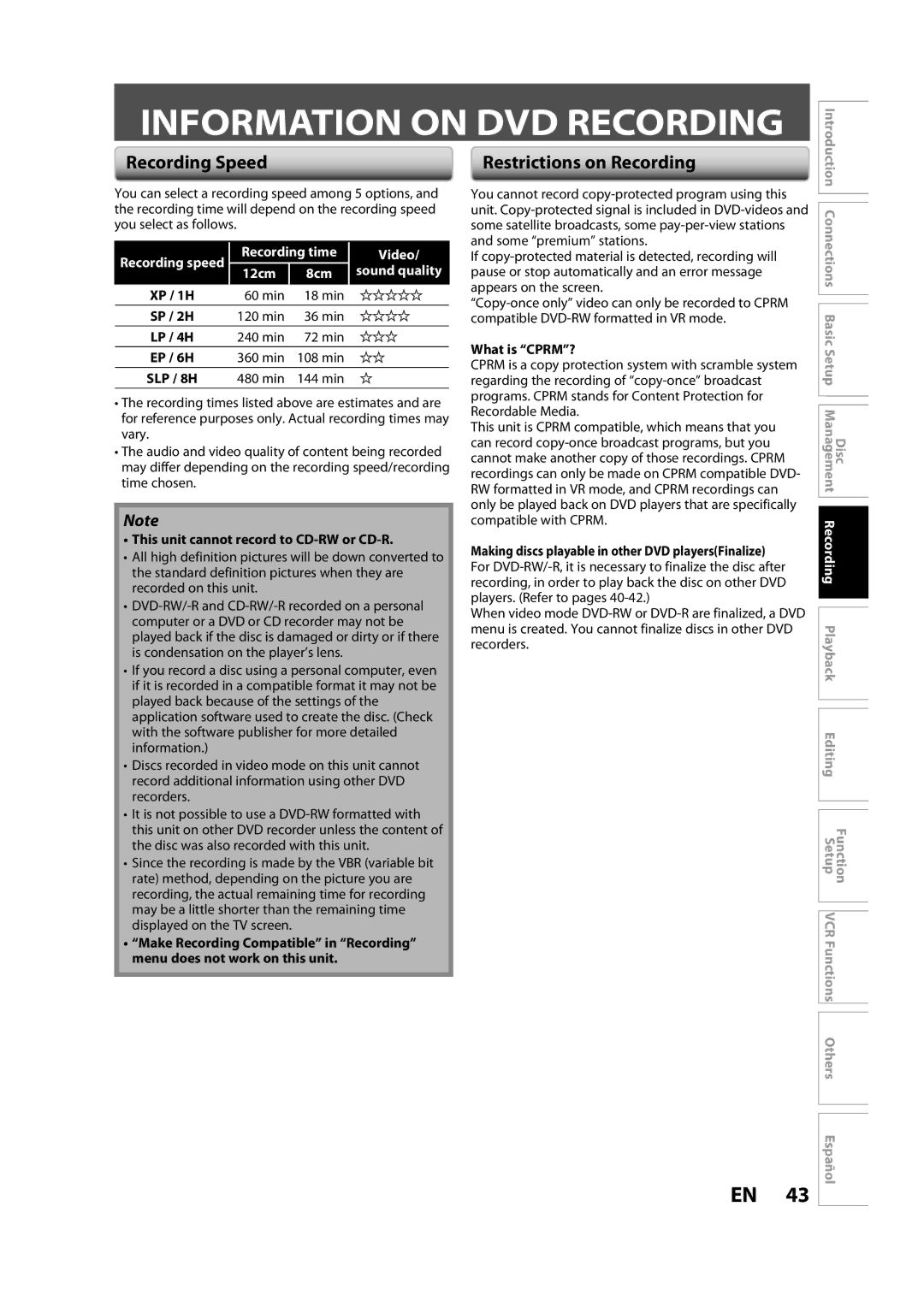 Sylvania ZV450SL8 owner manual Information on DVD Recording, Recording Speed, Restrictions on Recording, Video, 12cm 8cm 