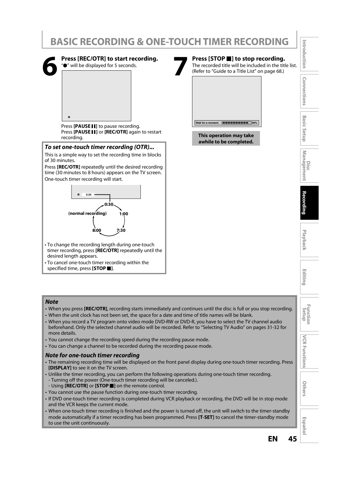 Sylvania ZV450SL8 owner manual Press Stop C to stop recording, Press REC/OTR to start recording, Playback Editing, Function 