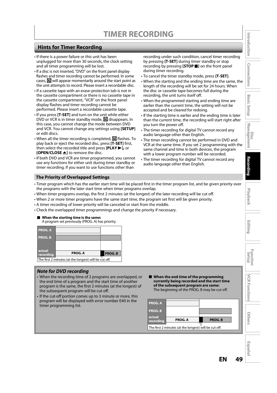 Sylvania ZV450SL8 owner manual Hints for Timer Recording, Priority of Overlapped Settings, VCR Functions Others Español 