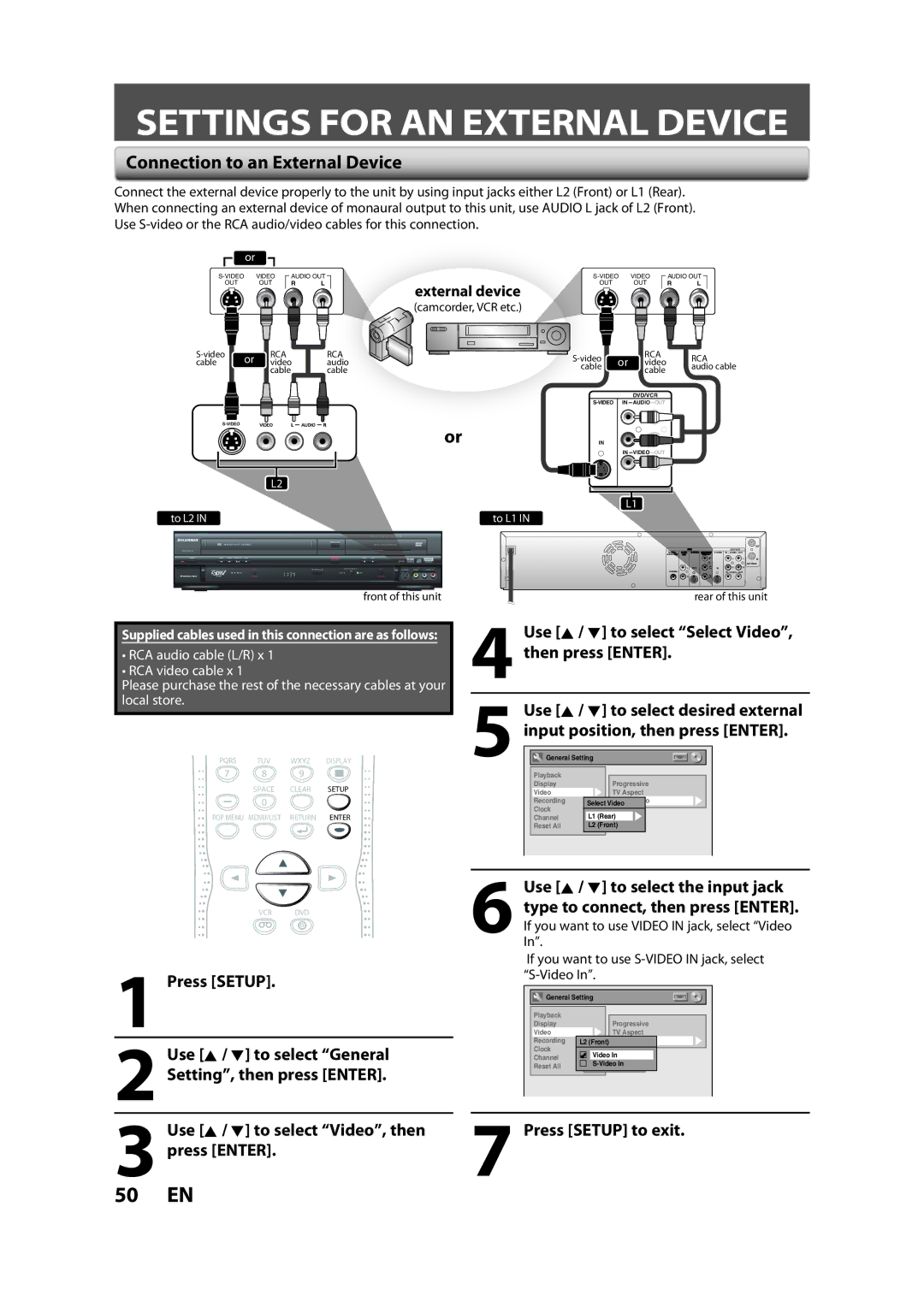 Sylvania ZV450SL8 owner manual Settings for AN External Device, Connection to an External Device, External device 