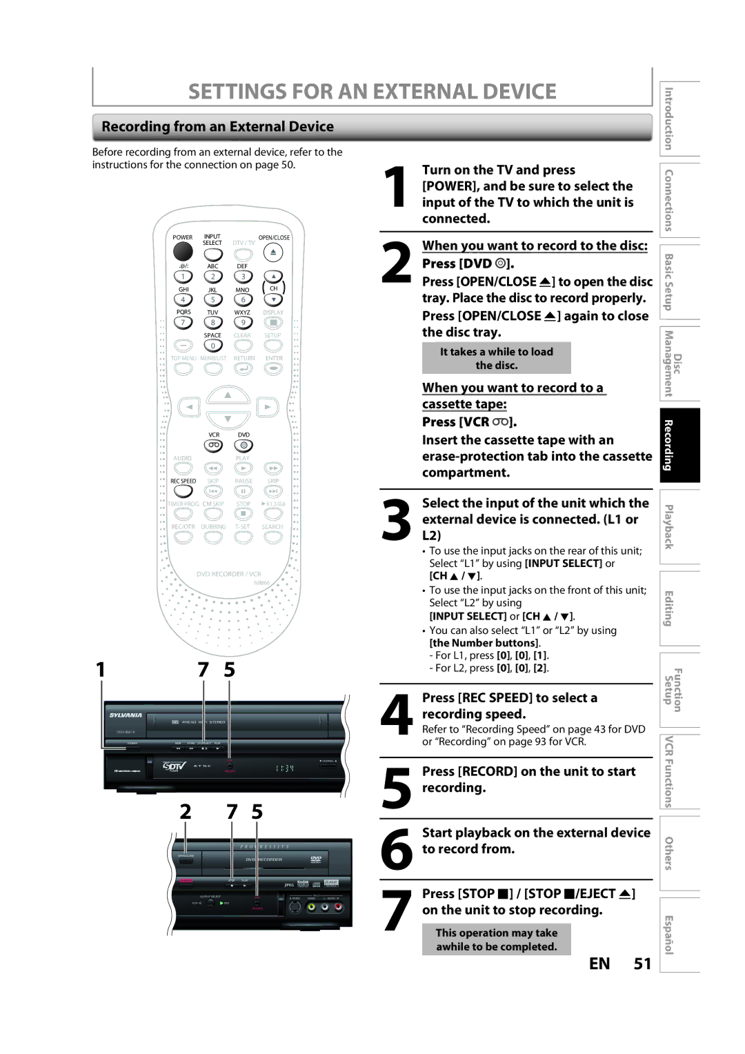 Sylvania ZV450SL8 Settings for AN External Device, Recording from an External Device, It takes a while to load Disc 