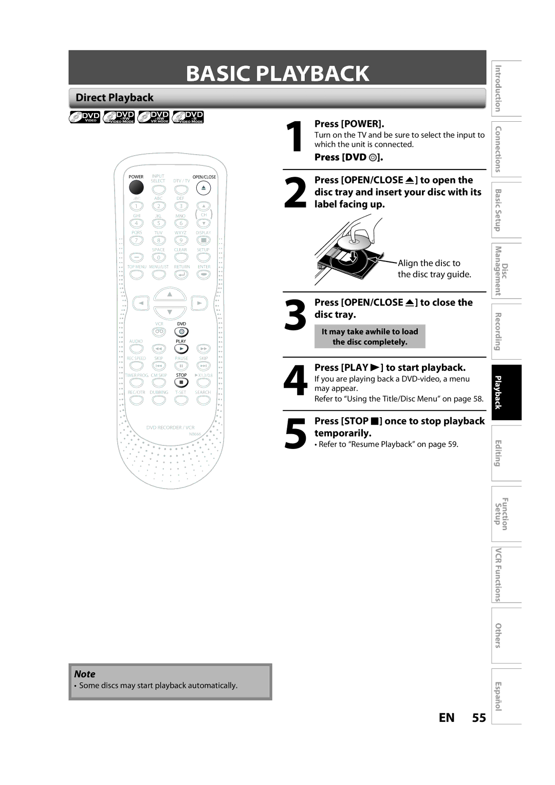 Sylvania ZV450SL8 owner manual Direct Playback, Some discs may start playback automatically 