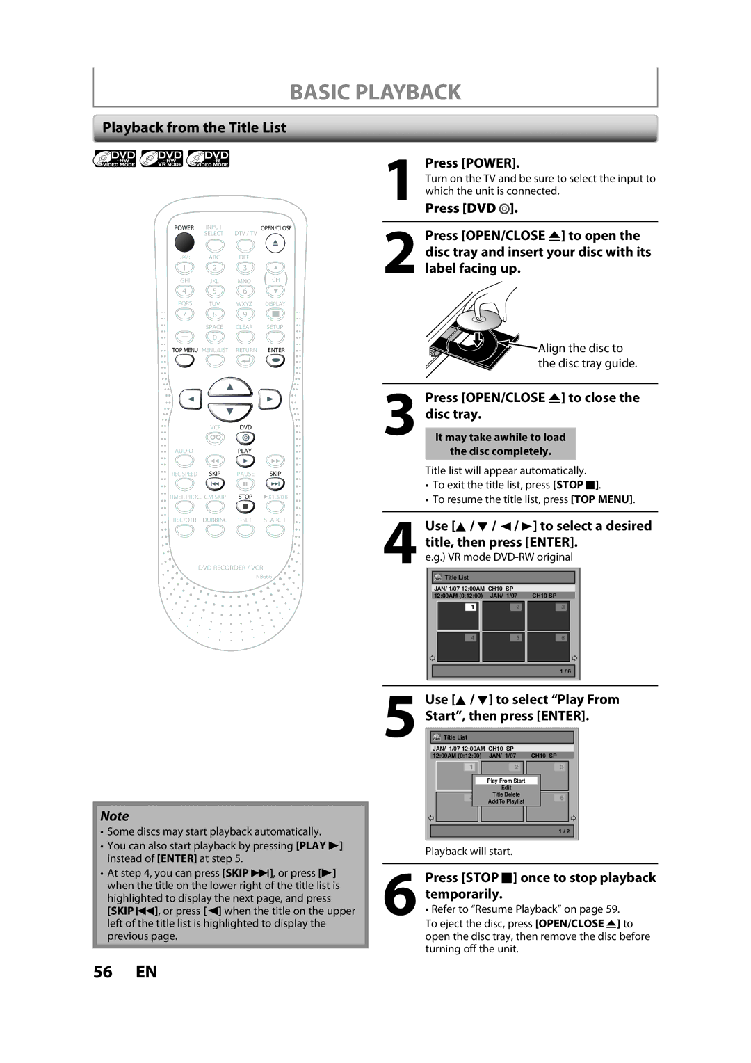 Sylvania ZV450SL8 owner manual Basic Playback, Playback from the Title List, Press Stop C once to stop playback 