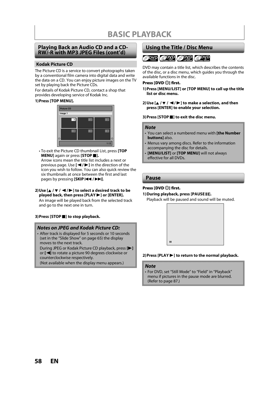 Sylvania ZV450SL8 owner manual Using the Title / Disc Menu, Pause, Kodak Picture CD 