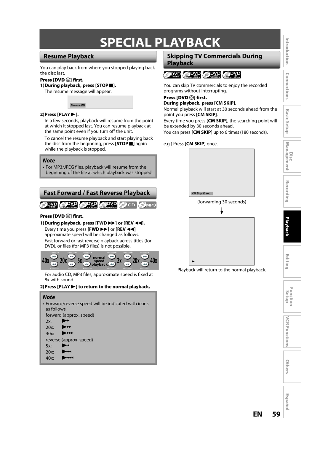 Sylvania ZV450SL8 owner manual Special Playback, Resume Playback, Fast Forward / Fast Reverse Playback 