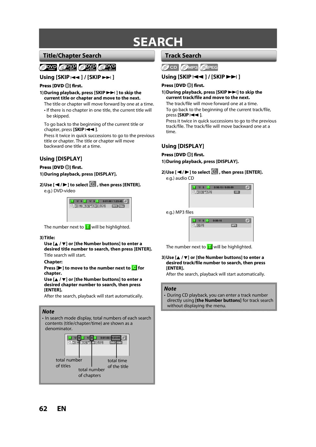 Sylvania ZV450SL8 owner manual Title/Chapter Search, Using Skip j / Skip, Using Display 