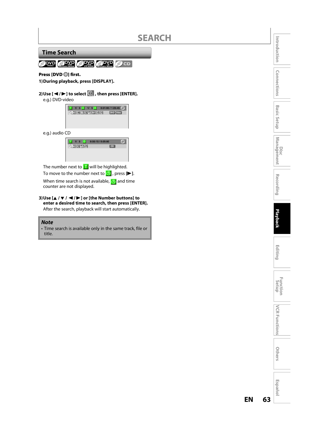 Sylvania ZV450SL8 owner manual Time Search, Audio CD 