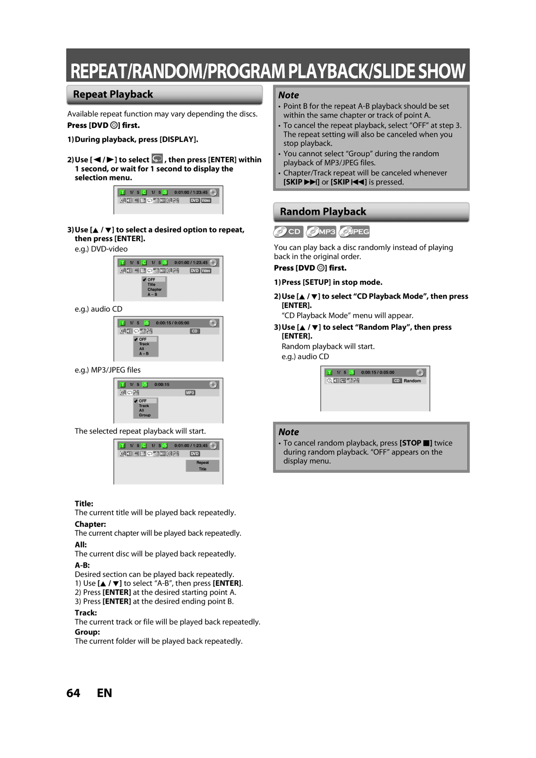 Sylvania ZV450SL8 owner manual Repeat Playback, Random Playback, Enter 