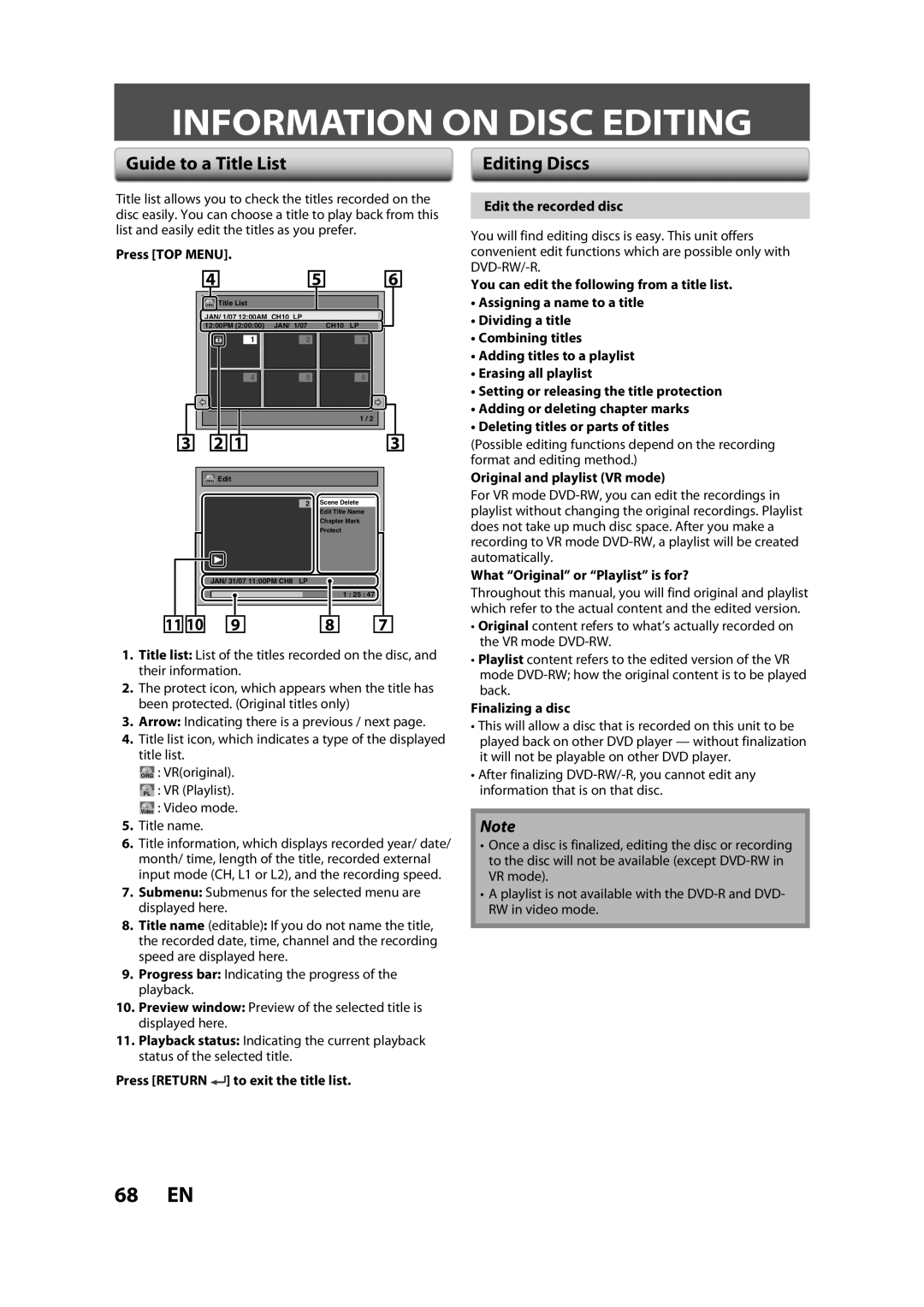 Sylvania ZV450SL8 owner manual Information on Disc Editing, Guide to a Title List 