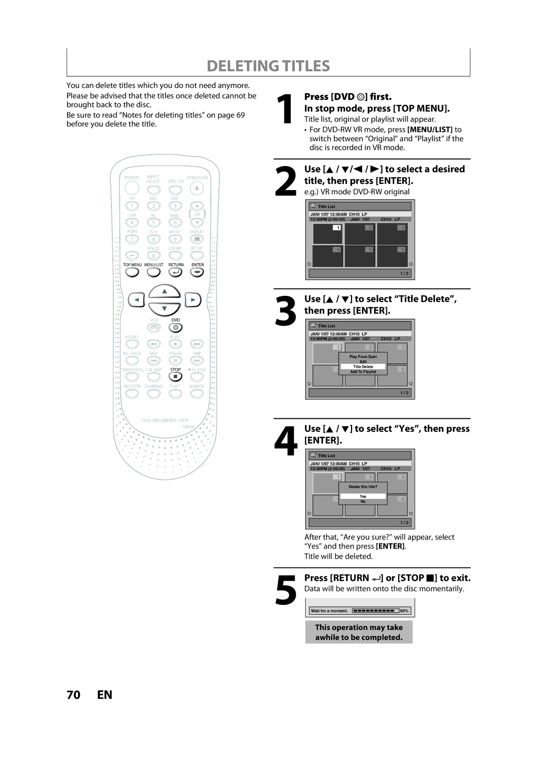 Sylvania ZV450SL8 Deleting Titles, Press DVD first, Use K / L/ s / B to select a desired, Title, then press Enter 