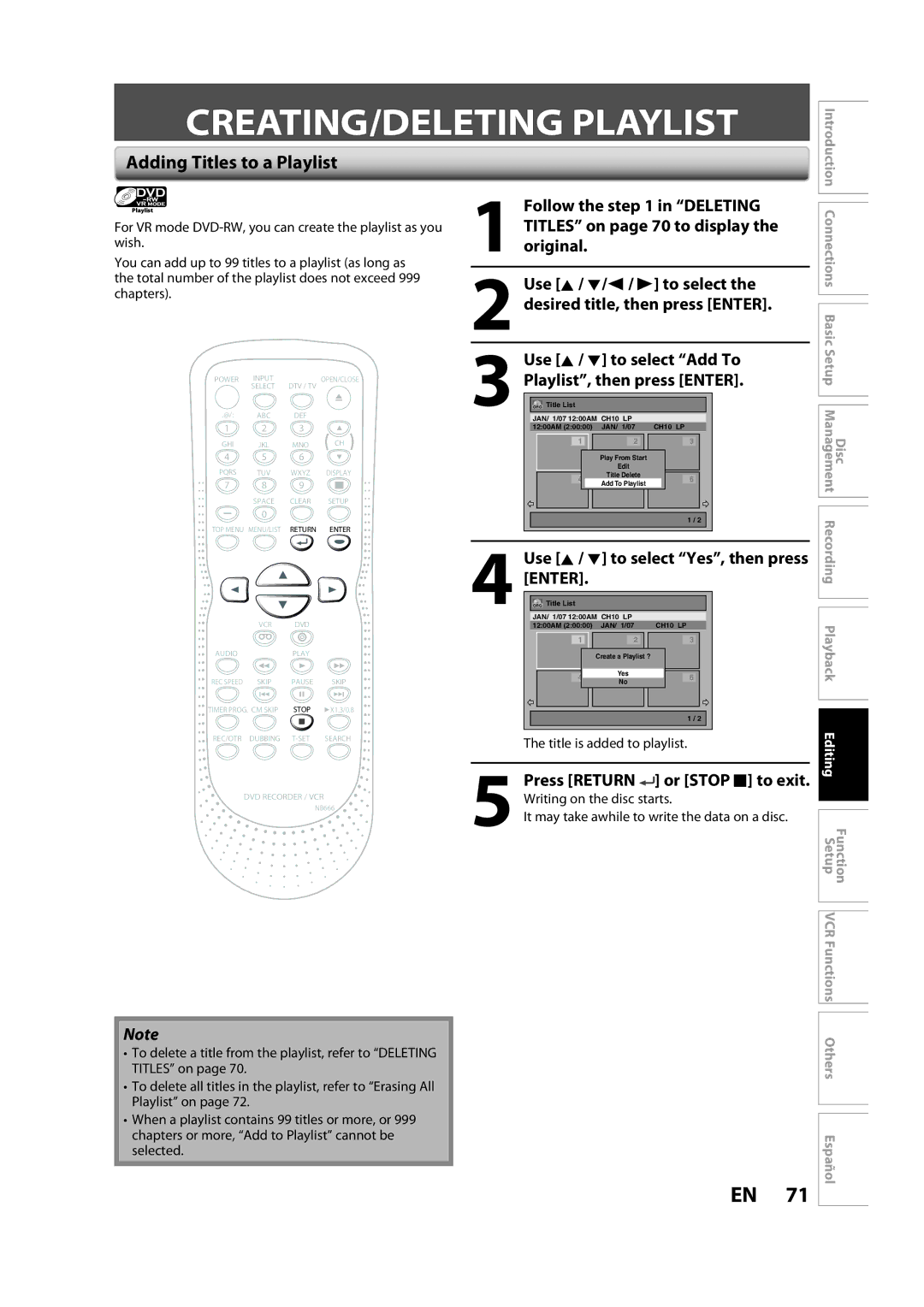 Sylvania ZV450SL8 owner manual CREATING/DELETING Playlist, Adding Titles to a Playlist, Use K / L to select Add To 